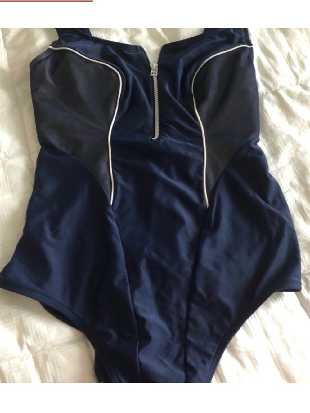 🐬 Like New Navy One-Piece Swimsuit with Front Zip and Contrast Piping